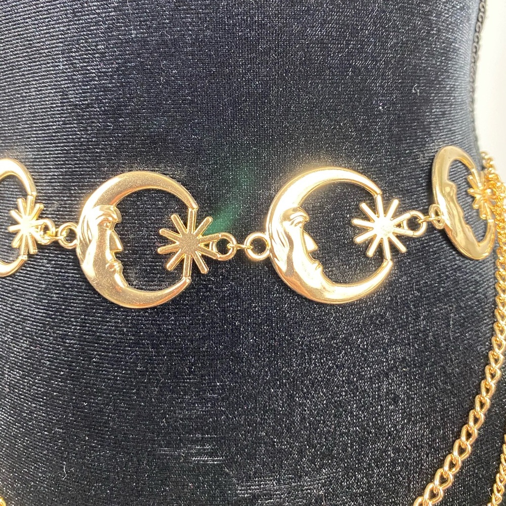 Celestial Crescent Moon Multi Layer Chain Statement Belt Metal Waist Belt Gold - Picture 4 of 11